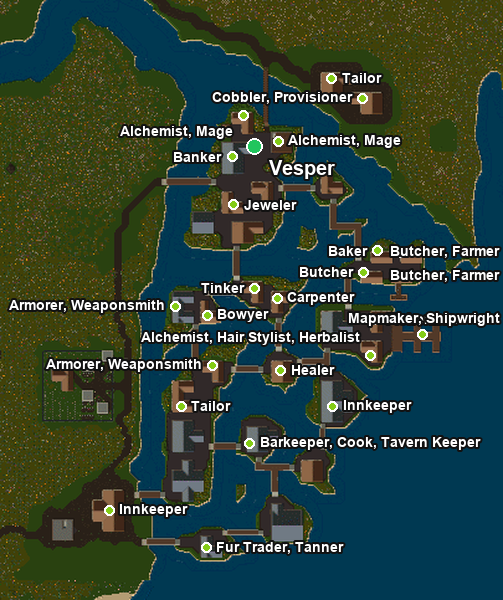 Map of Vesper with NPC vendor locations
