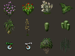 A montage of example plant types: campion flowers, poppies, lilies, fern, ponytail palm, century plant, barrel and tribarrel cactus, bonsai, cocoa tree and sugar canes