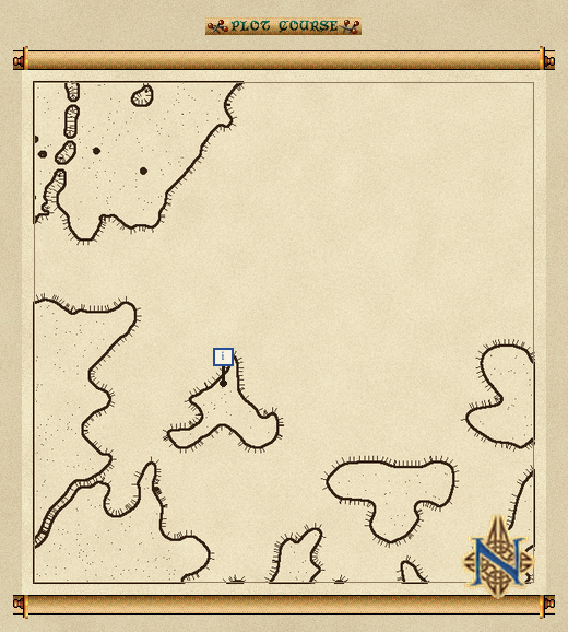 Example of a decoded treasure map: an ink-drawn coastline on a parchment scroll with a numbered pin off-centre at the dig spot