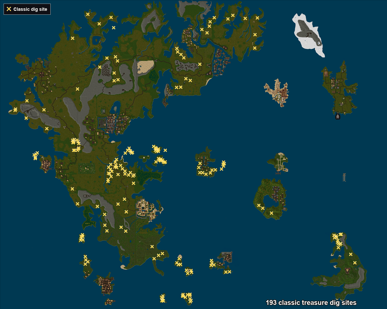 All 193 classic treasure dig sites plotted on the Felucca map