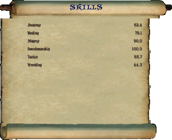UO skill list parchment scroll with example skills and values